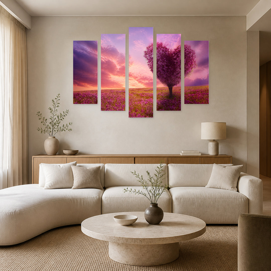Tree of Love with Dreamlike Atmosphere — five-panel wall art in frontal interior | 5wallart 54037 M3