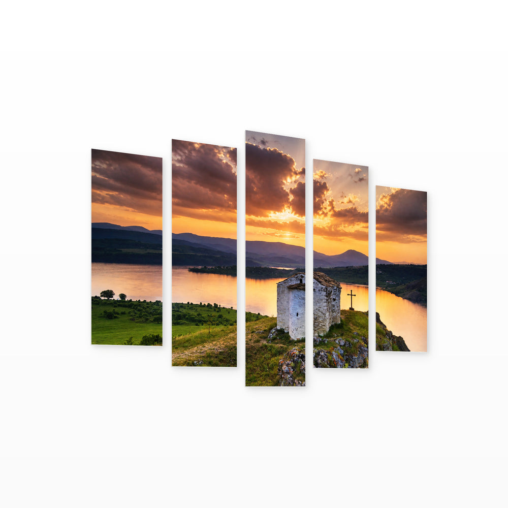 St. John Summer, Pchelina Lake in Serene Light — five-panel wall art on white background in perspective | 5wallart 54041 M1