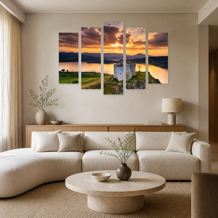 St. John Summer, Pchelina Lake in Serene Light — five-panel wall art in frontal interior | 5wallart 54041 M3