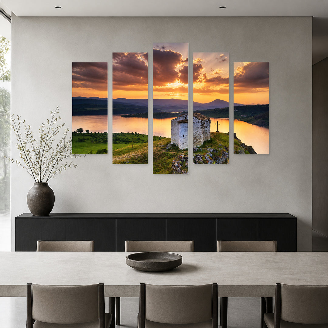 St. John Summer, Pchelina Lake in Serene Light — five-panel wall art in alternate frontal interior | 5wallart 54041 M4