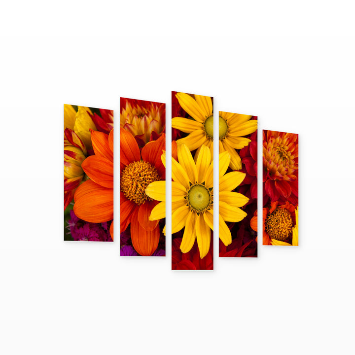 Bouquet of Autumn Flowers at Golden Sunset — five-panel wall art on white background in perspective | 5wallart 54042 M1