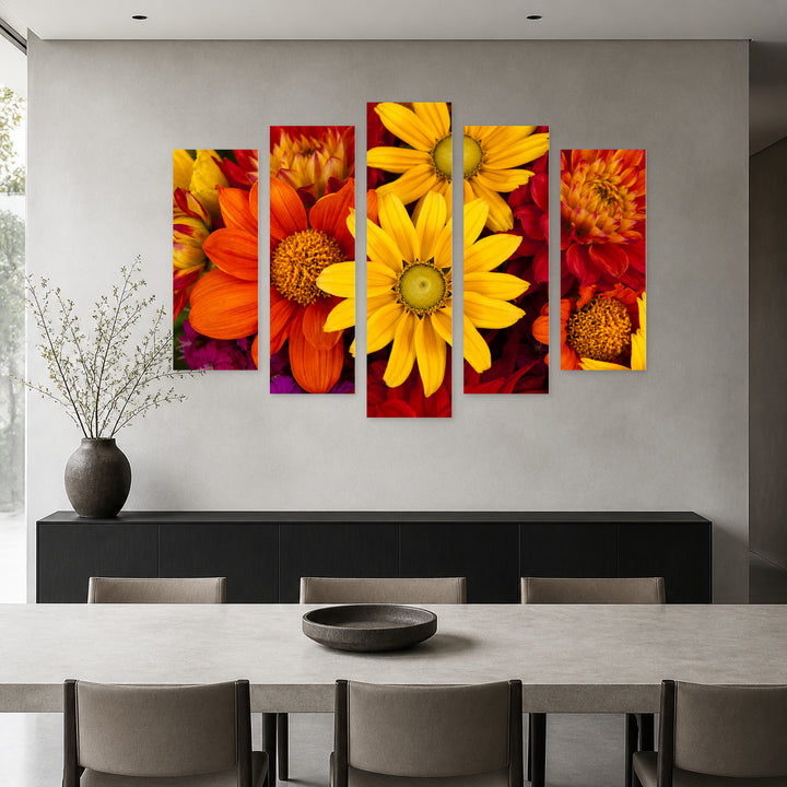 Bouquet of Autumn Flowers at Golden Sunset — five-panel wall art in frontal interior | 5wallart 54042 M3