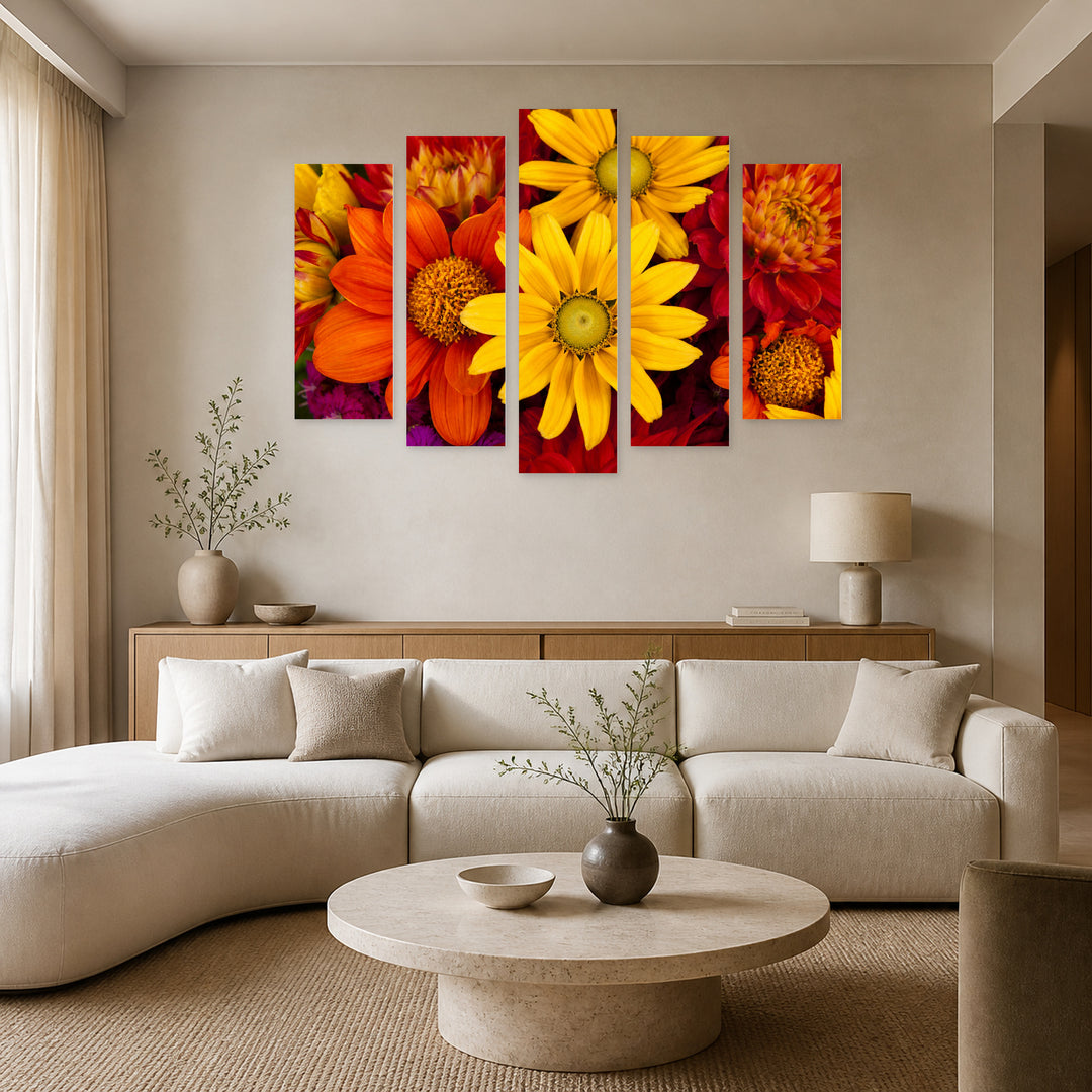 Bouquet of Autumn Flowers at Golden Sunset — five-panel wall art in alternate frontal interior | 5wallart 54042 M4