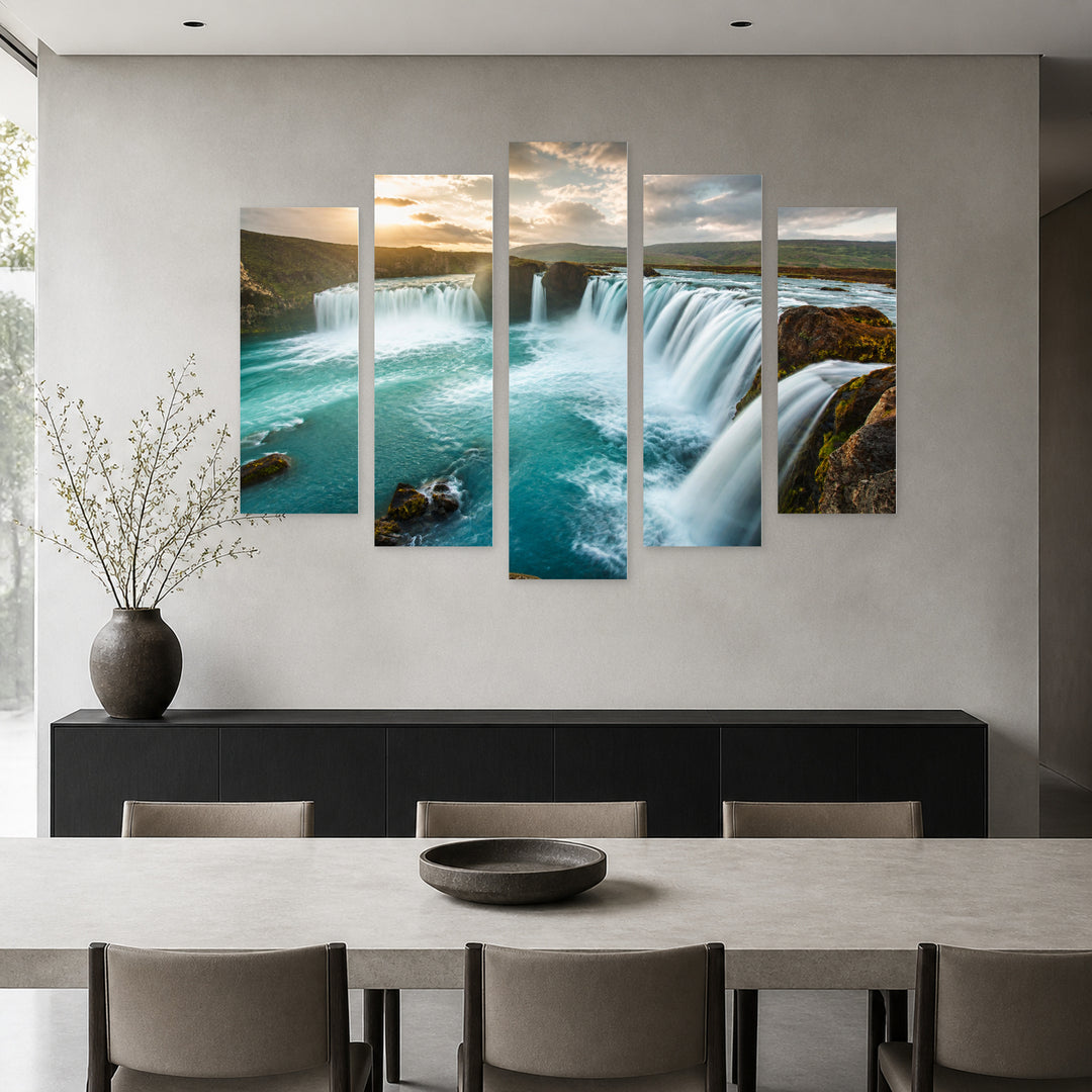Gullfoss Waterfall, Iceland in Serene Light — five-panel wall art in alternate frontal interior | 5wallart 54043 M4