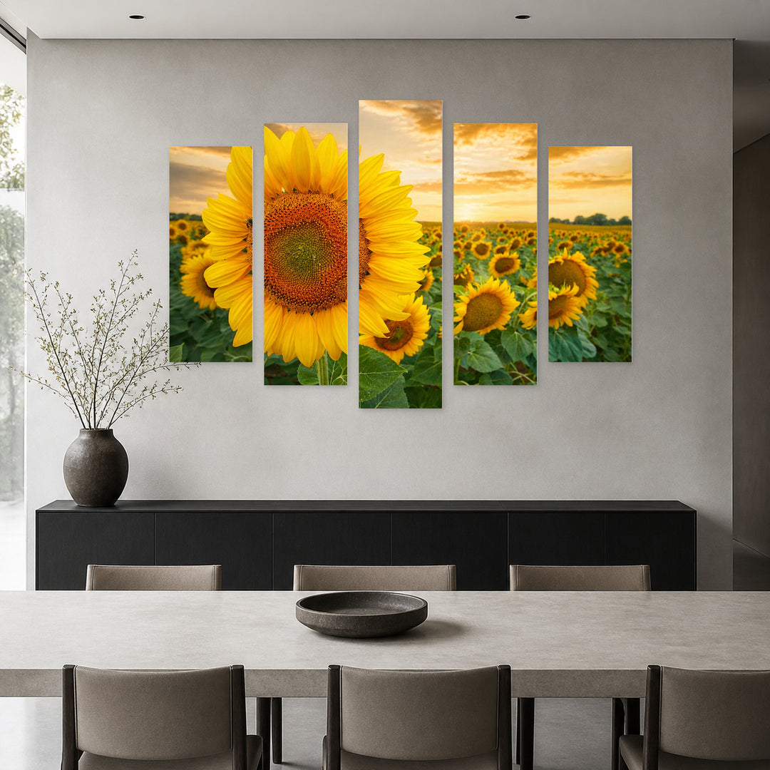 Large Sunflower Botanical Study — five-panel wall art in frontal interior | 5wallart 54044 M3