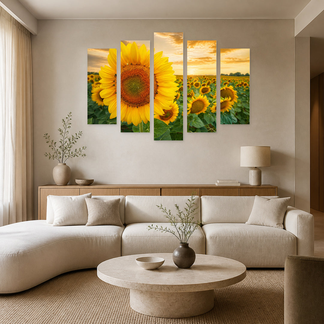 Large Sunflower Botanical Study — five-panel wall art in alternate frontal interior | 5wallart 54044 M4