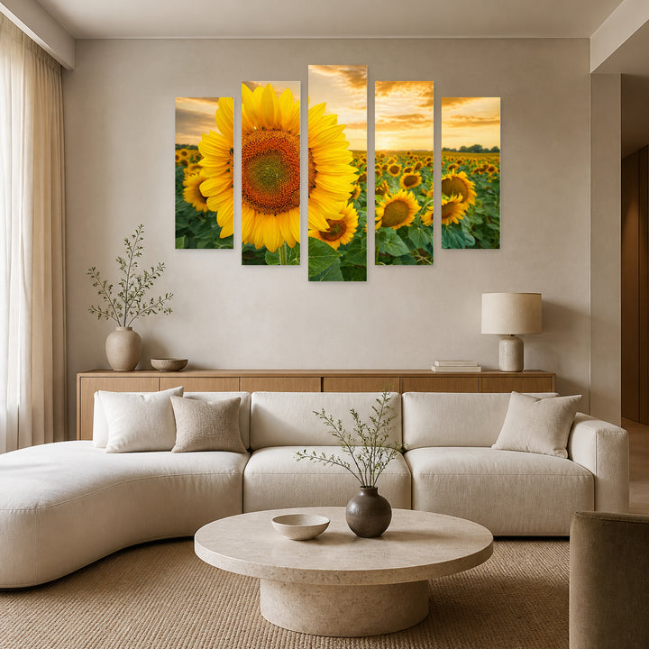 Large Sunflower Botanical Study — five-panel wall art in alternate frontal interior | 5wallart 54044 M4
