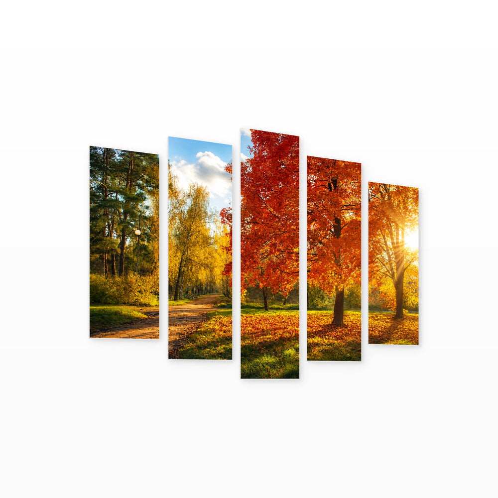 Autumn Trees in Vivid Color — five-panel wall art on white background in perspective | 5wallart 54047 M1