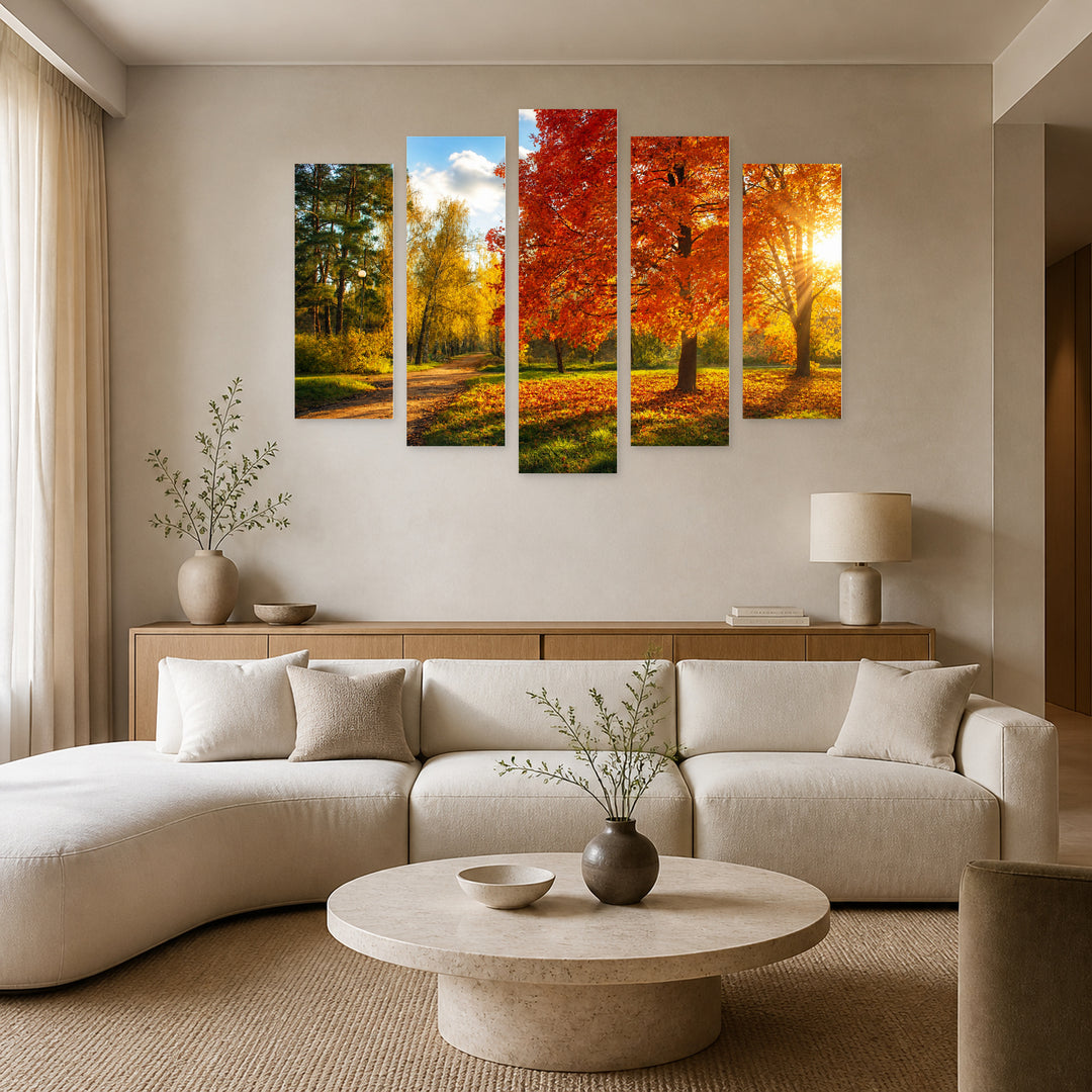 Autumn Trees in Vivid Color — five-panel wall art in frontal interior | 5wallart 54047 M3