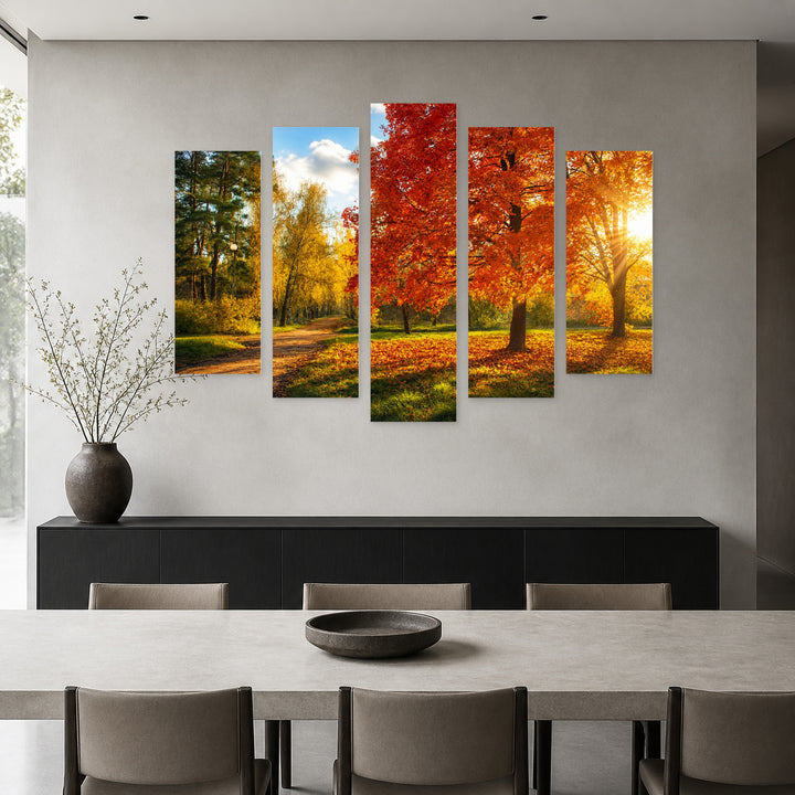 Autumn Trees in Vivid Color — five-panel wall art in alternate frontal interior | 5wallart 54047 M4