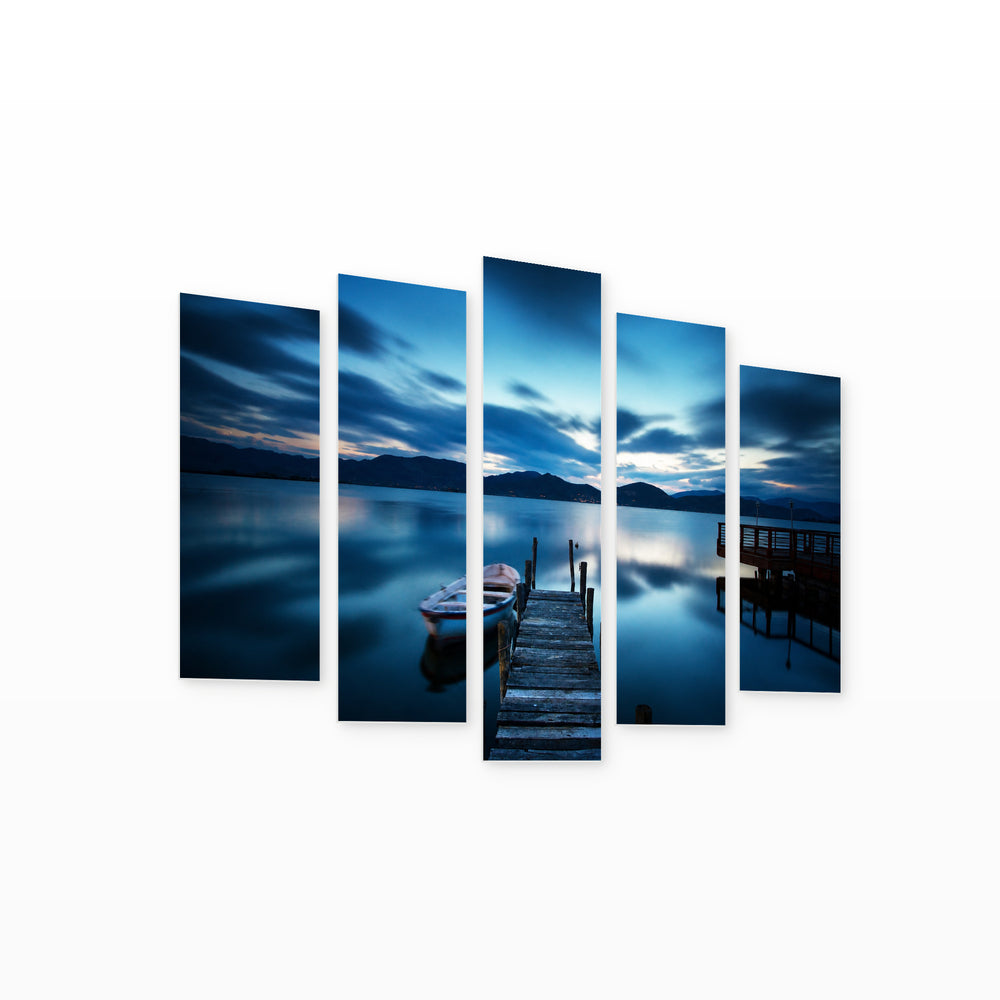 Wooden Pier on a Night Lake Landscape Study — five-panel wall art on white background in perspective | 5wallart 54048 M1