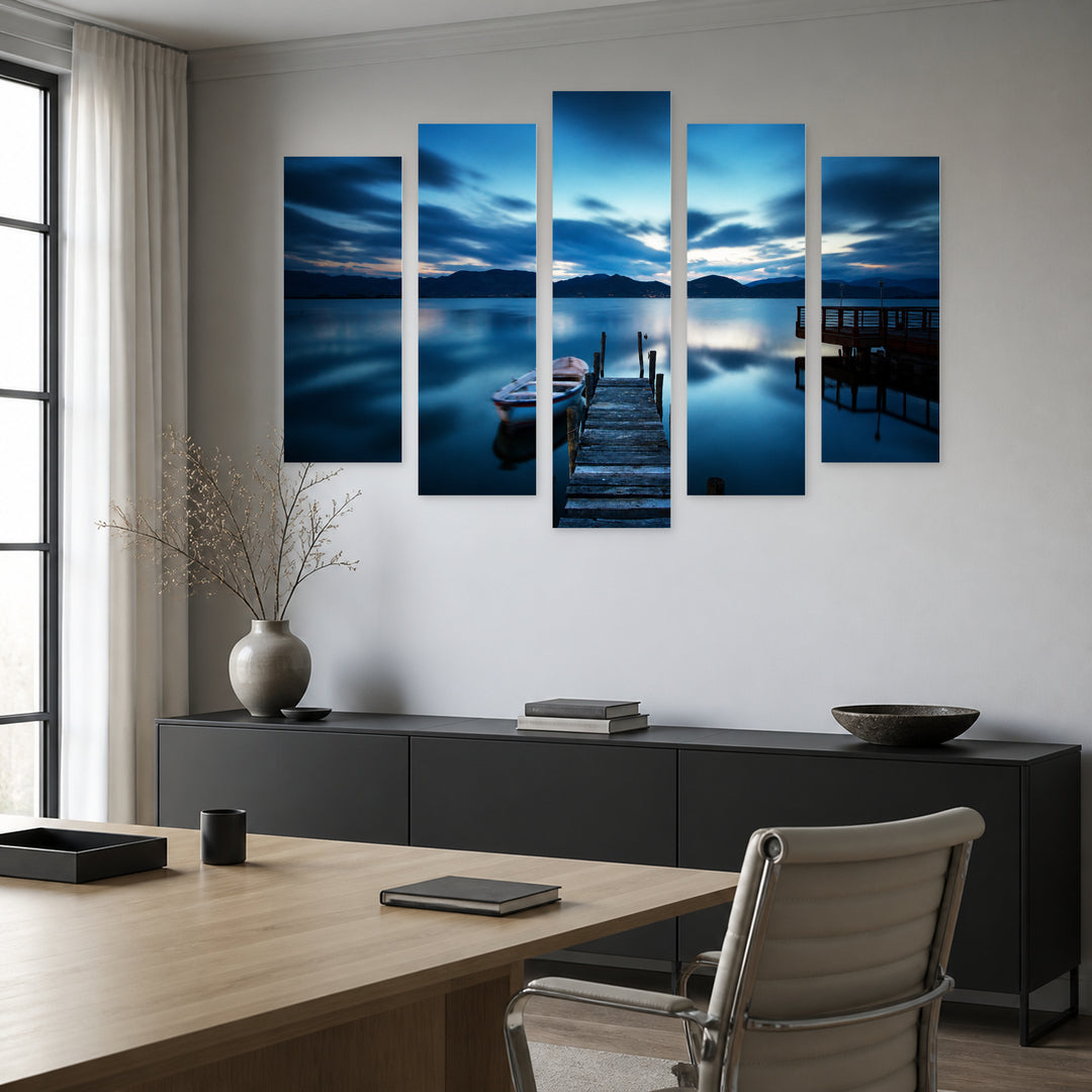 Wooden Pier on a Night Lake Landscape Study — five-panel wall art in frontal interior | 5wallart 54048 M3