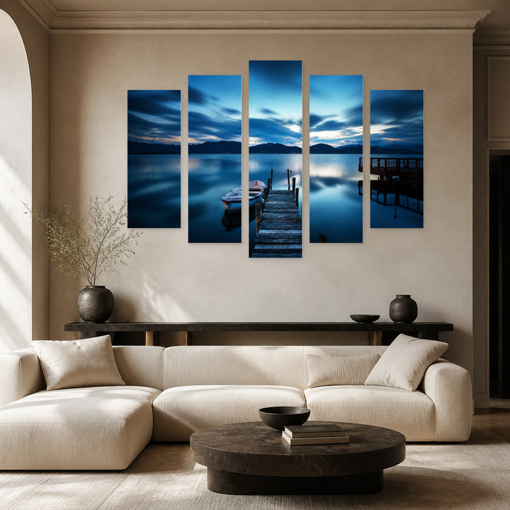 Wooden Pier on a Night Lake Landscape Study — five-panel wall art in alternate frontal interior | 5wallart 54048 M4