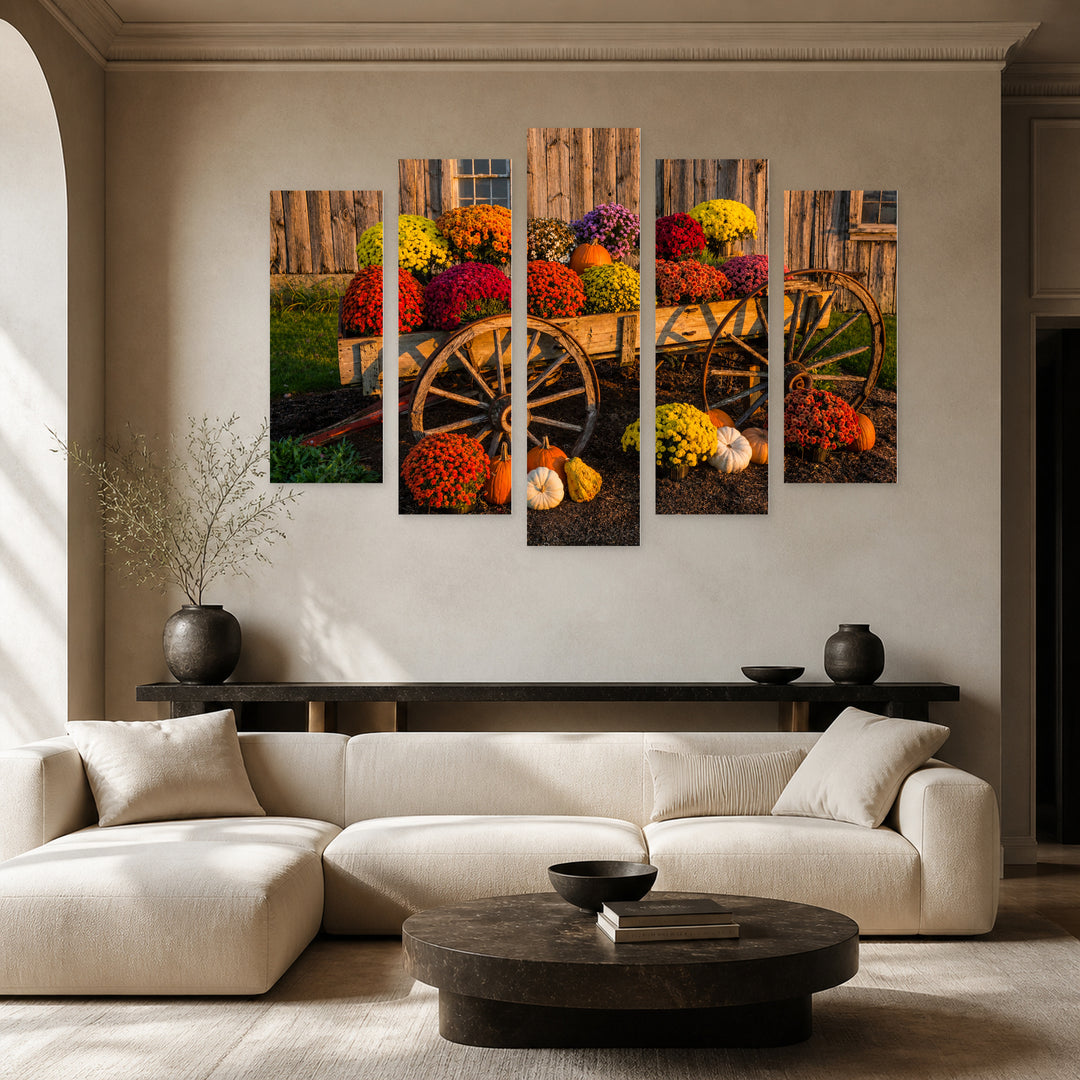 Old Cart with Colorful Flowers with Vintage Character — five-panel wall art in frontal interior | 5wallart 54051 M3