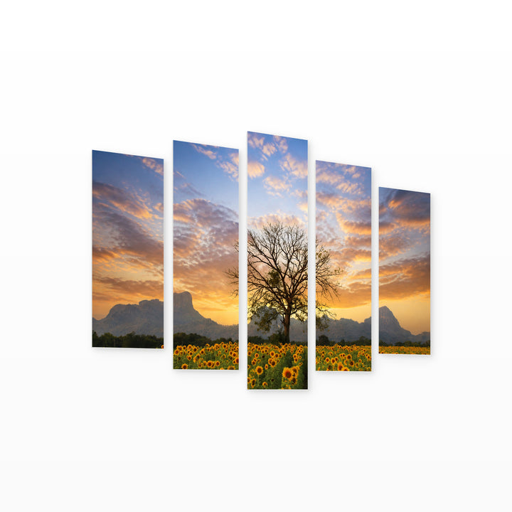 Panorama with Tree and Colorful Evening Sky — five-panel wall art on white background in perspective | 5wallart 54053 M1