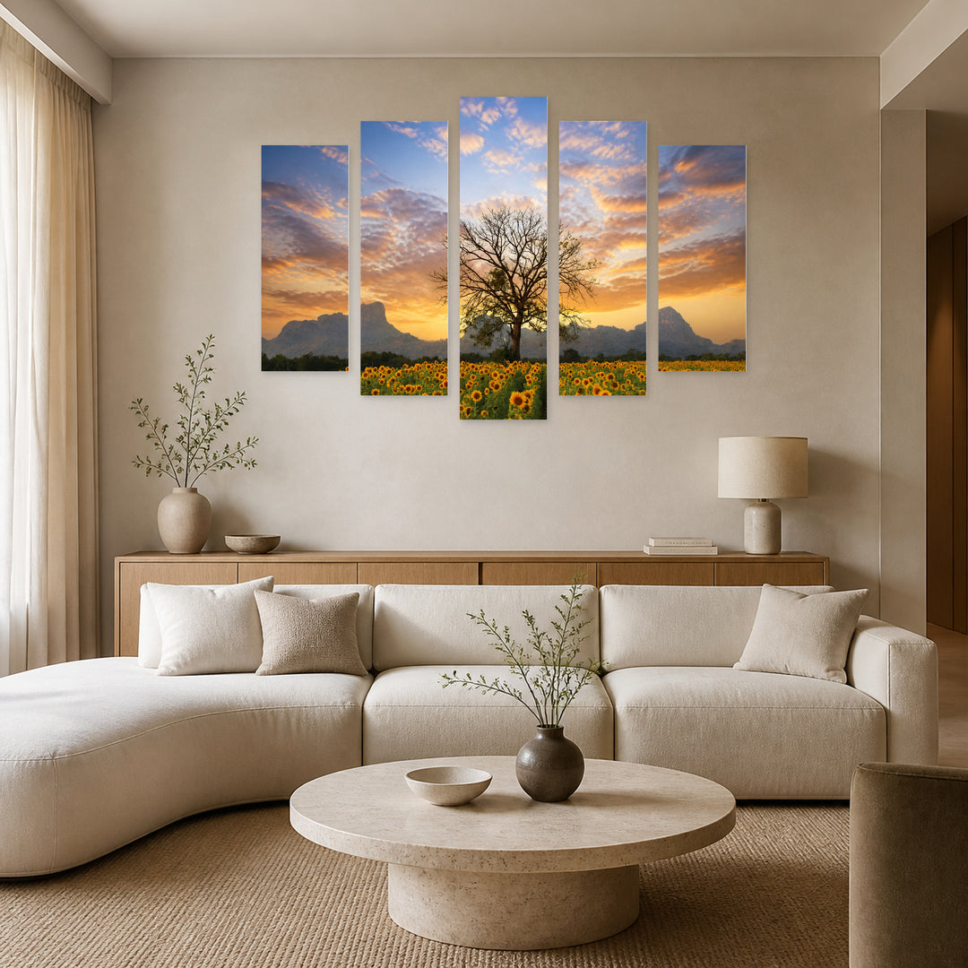 Panorama with Tree and Colorful Evening Sky — five-panel wall art in frontal interior | 5wallart 54053 M3