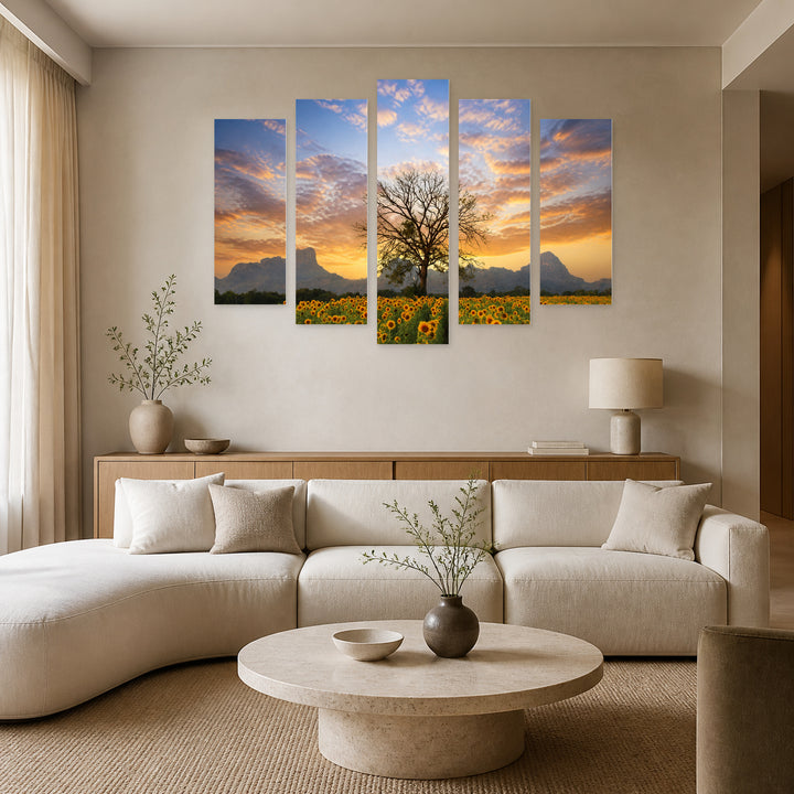 Panorama with Tree and Colorful Evening Sky — five-panel wall art in frontal interior | 5wallart 54053 M3