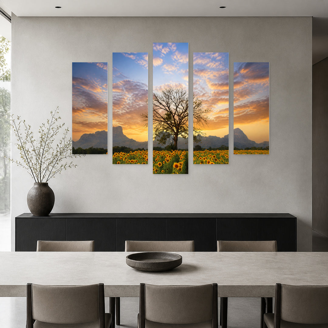 Panorama with Tree and Colorful Evening Sky — five-panel wall art in alternate frontal interior | 5wallart 54053 M4