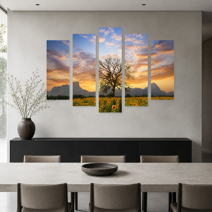 Panorama with Tree and Colorful Evening Sky — five-panel wall art in alternate frontal interior | 5wallart 54053 M4