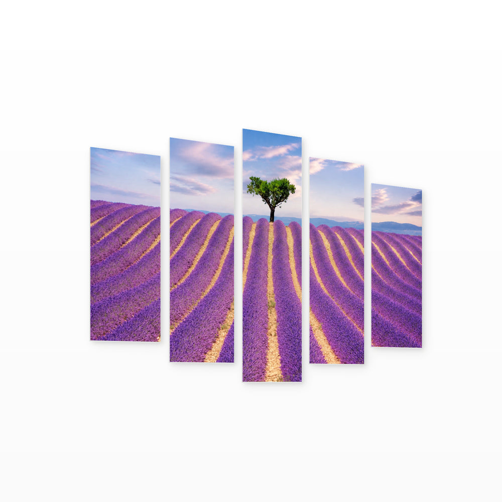 Lavender Field with Dreamlike Atmosphere — five-panel wall art on white background in perspective | 5wallart 54055 M1