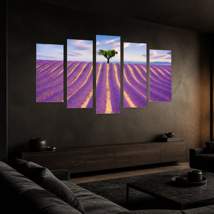 Lavender Field with Dreamlike Atmosphere — five-panel wall art in perspective interior | 5wallart 54055 M2