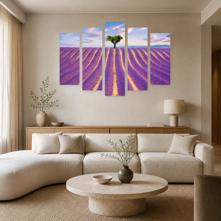 Lavender Field with Dreamlike Atmosphere — five-panel wall art in frontal interior | 5wallart 54055 M3