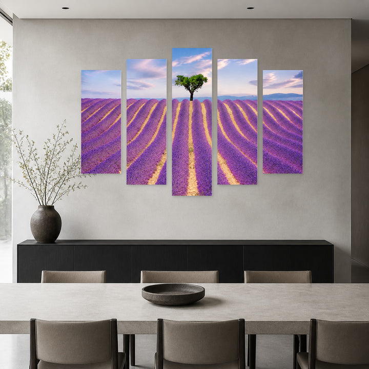 Lavender Field with Dreamlike Atmosphere — five-panel wall art in alternate frontal interior | 5wallart 54055 M4