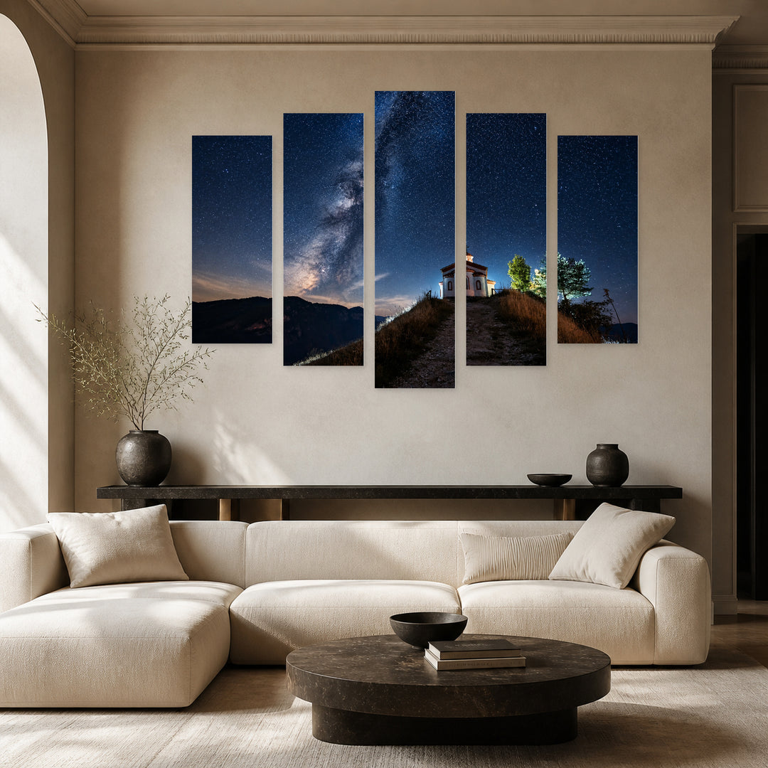 Night Sky over the Rhodope Mountains Landscape Study — five-panel wall art in frontal interior | 5wallart 54057 M3