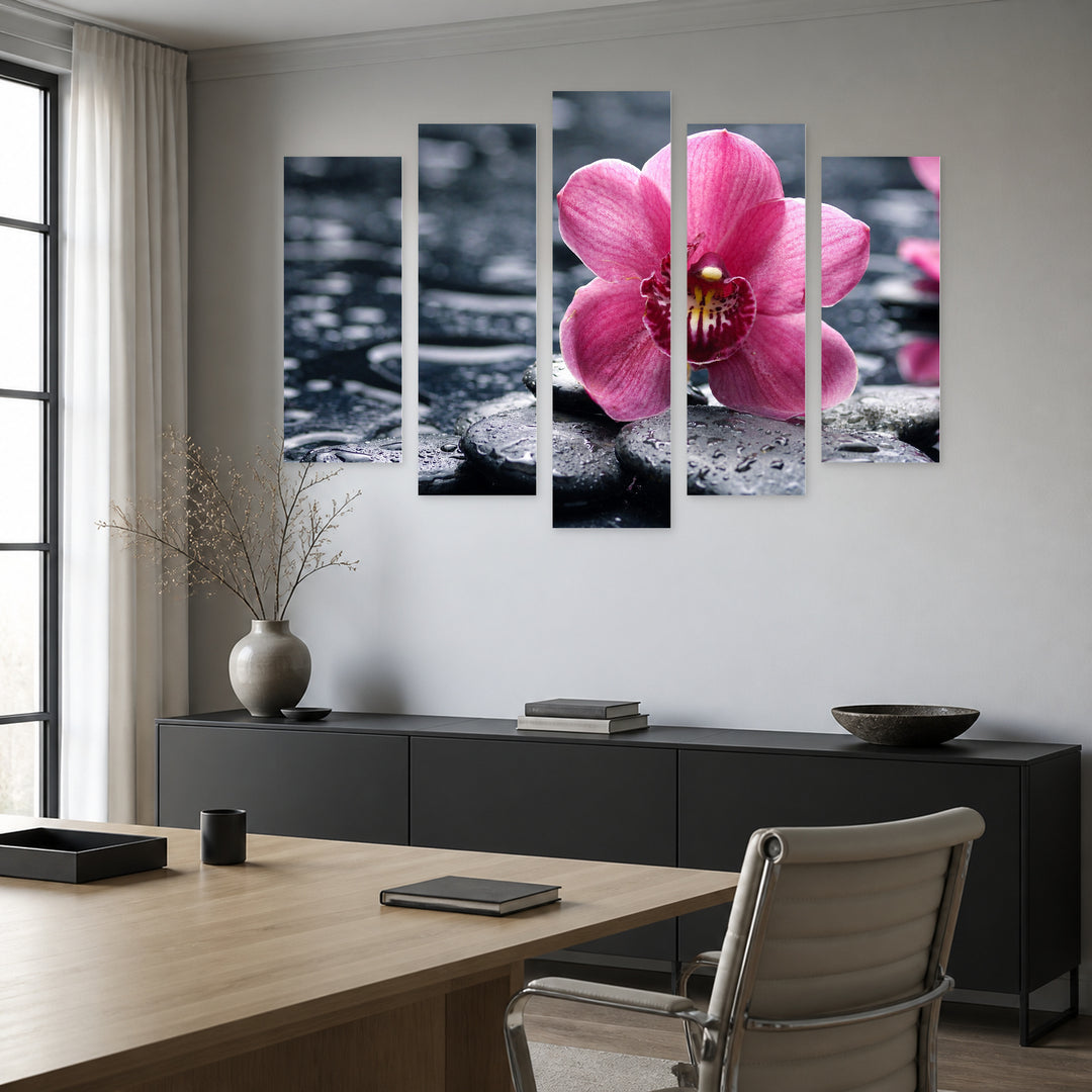 Orchid with Water Drops with Dreamlike Atmosphere — five-panel wall art in frontal interior | 5wallart 54058 M3