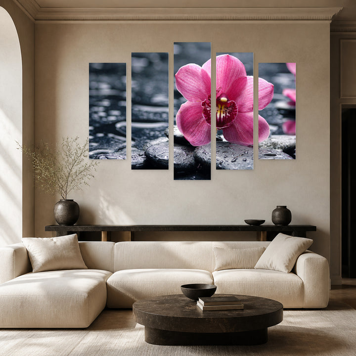 Orchid with Water Drops with Dreamlike Atmosphere — five-panel wall art in alternate frontal interior | 5wallart 54058 M4