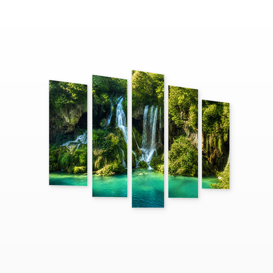 Plitvice Lakes, Croatia with Dreamlike Atmosphere — five-panel wall art on white background in perspective | 5wallart 54064 M1