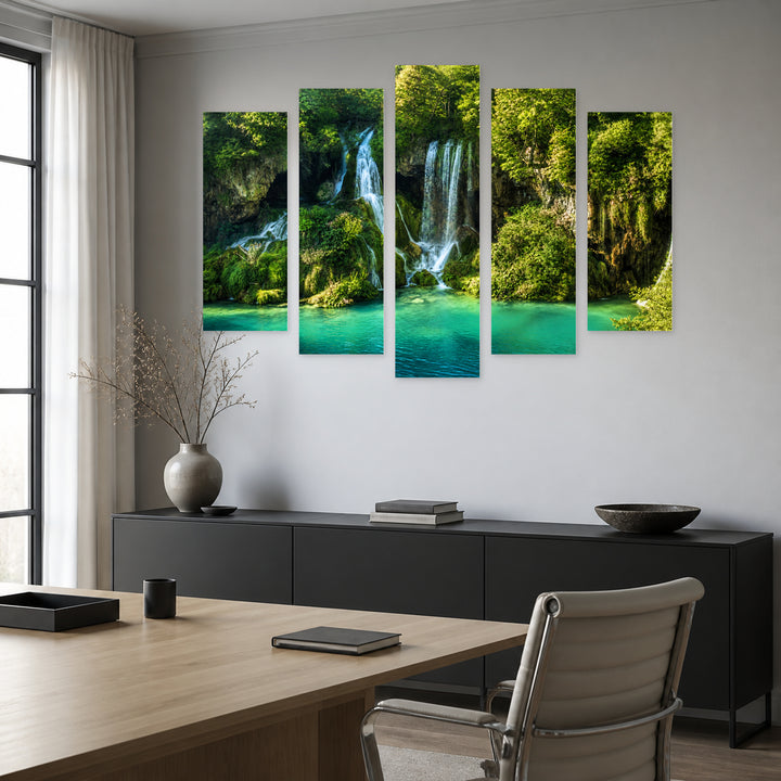 Plitvice Lakes, Croatia with Dreamlike Atmosphere — five-panel wall art in frontal interior | 5wallart 54064 M3