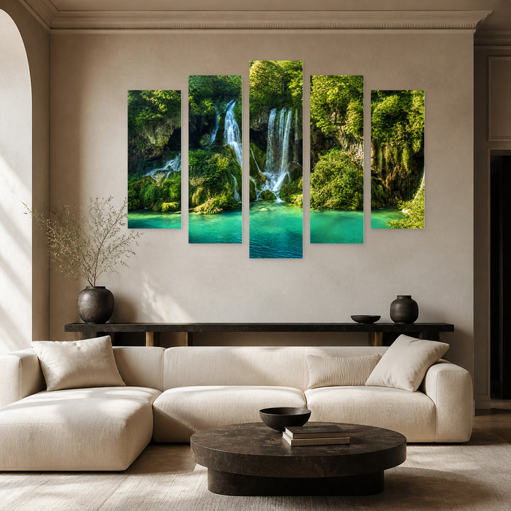 Plitvice Lakes, Croatia with Dreamlike Atmosphere — five-panel wall art in alternate frontal interior | 5wallart 54064 M4