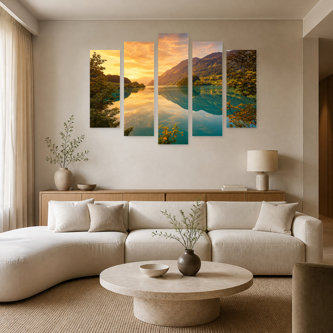 Mountain Lake at Golden Sunset — five-panel wall art in frontal interior | 5wallart 54067 M3
