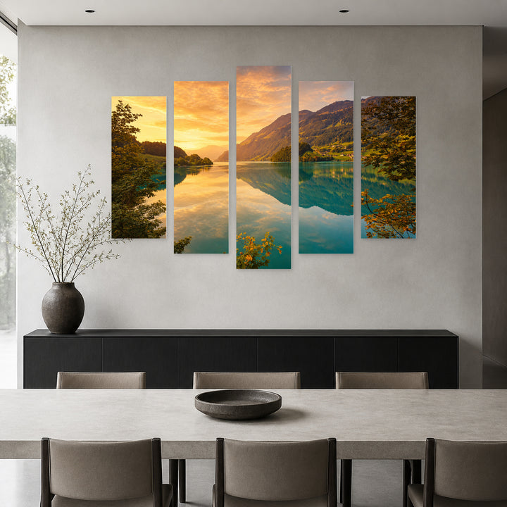 Mountain Lake at Golden Sunset — five-panel wall art in alternate frontal interior | 5wallart 54067 M4
