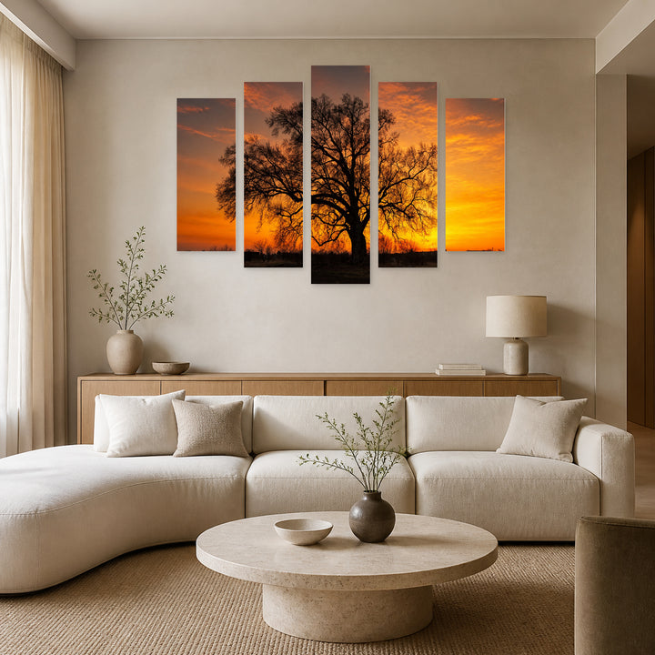Sunset in Africa with Dramatic Contrast — five-panel wall art in alternate frontal interior | 5wallart 54070 M4