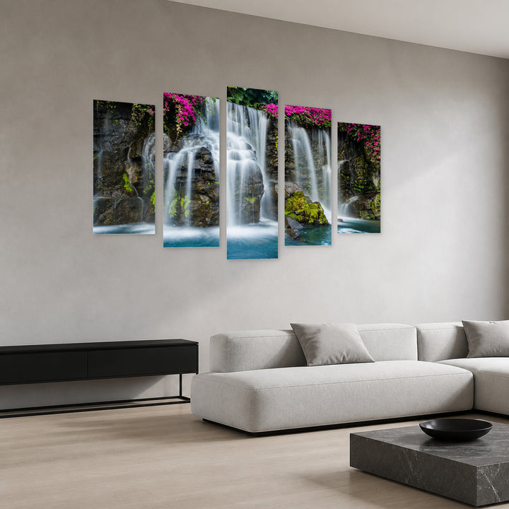 Waterfall Landscape Study — five-panel wall art in perspective interior | 5wallart 54072 M2