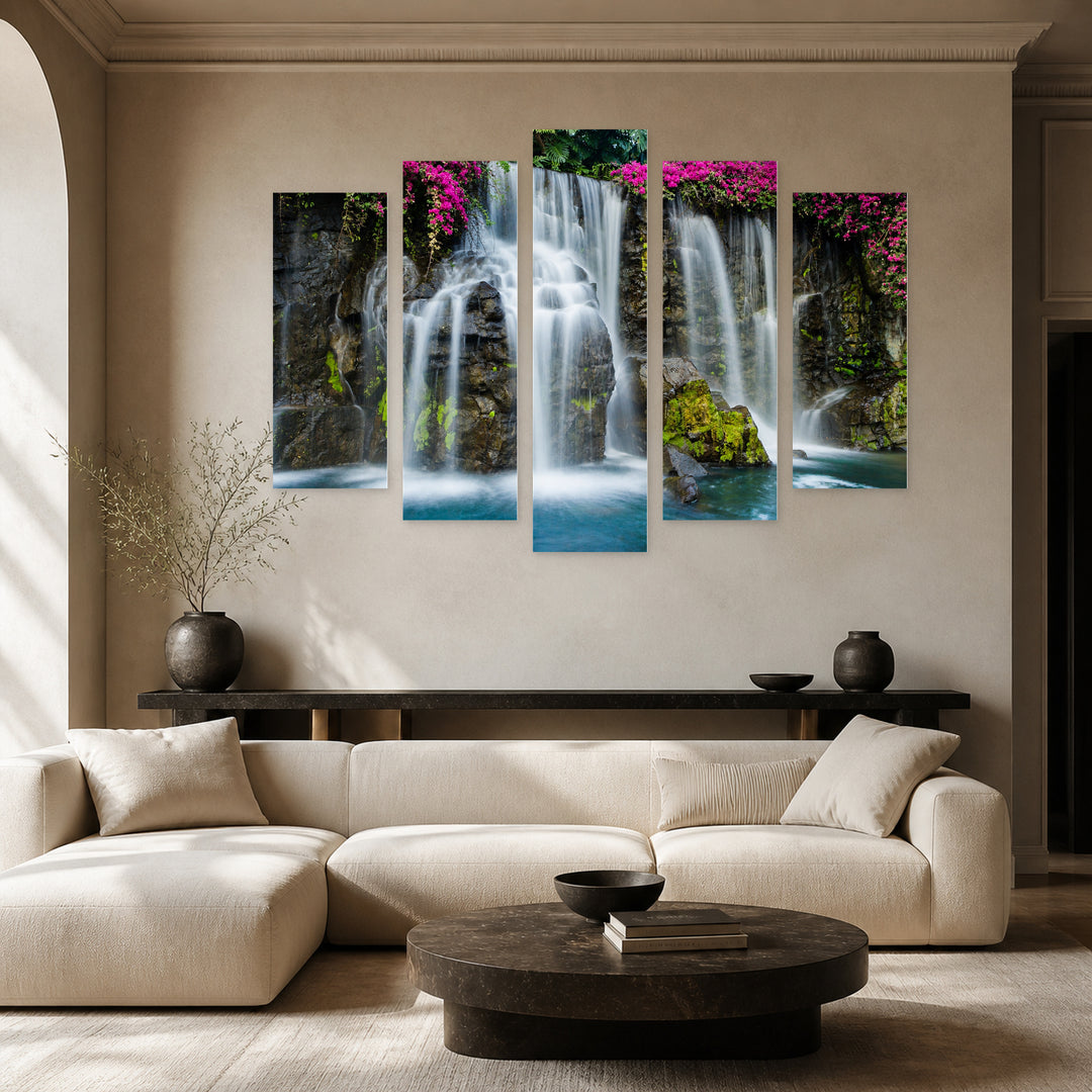 Waterfall Landscape Study — five-panel wall art in alternate frontal interior | 5wallart 54072 M4