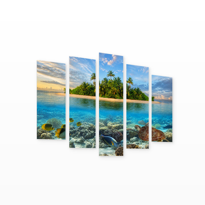 Lonely Island in Blue and Gold — five-panel wall art on white background in perspective | 5wallart 54073 M1