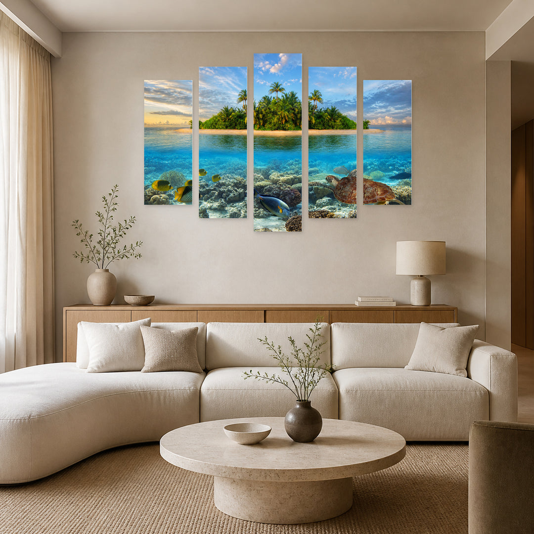 Lonely Island in Blue and Gold — five-panel wall art in frontal interior | 5wallart 54073 M3