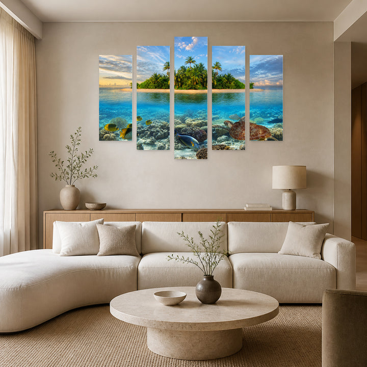 Lonely Island in Blue and Gold — five-panel wall art in frontal interior | 5wallart 54073 M3