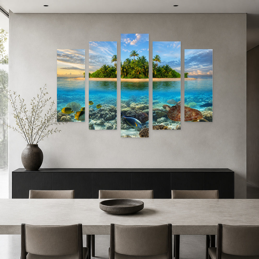 Lonely Island in Blue and Gold — five-panel wall art in alternate frontal interior | 5wallart 54073 M4
