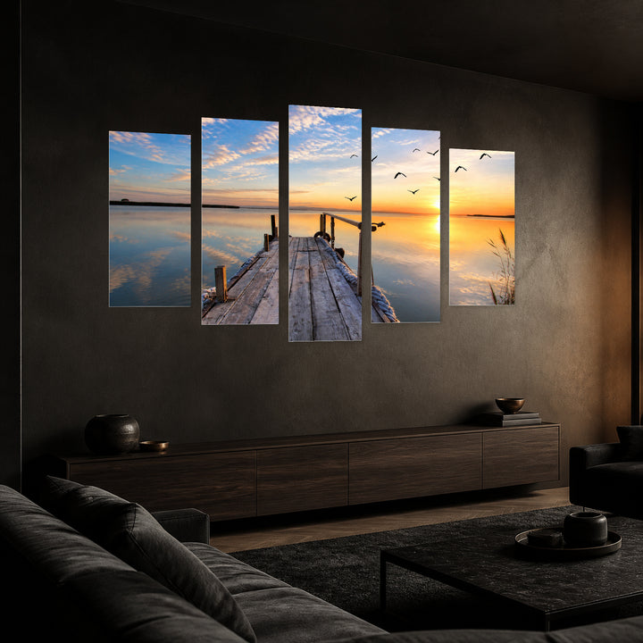 Flight over a Lake with Dreamlike Atmosphere — five-panel wall art in perspective interior | 5wallart 54075 M2
