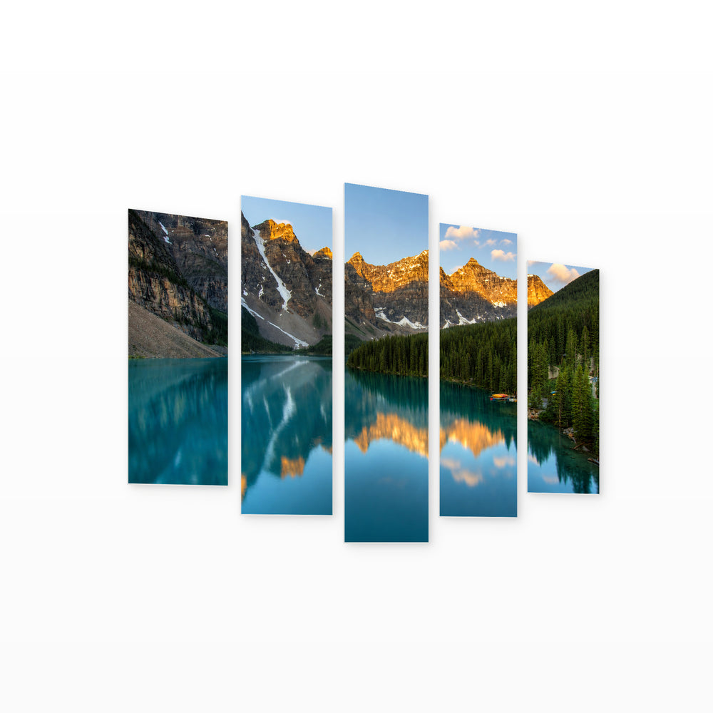 Moraine Lake in Blue and Gold — five-panel wall art on white background in perspective | 5wallart 54076 M1