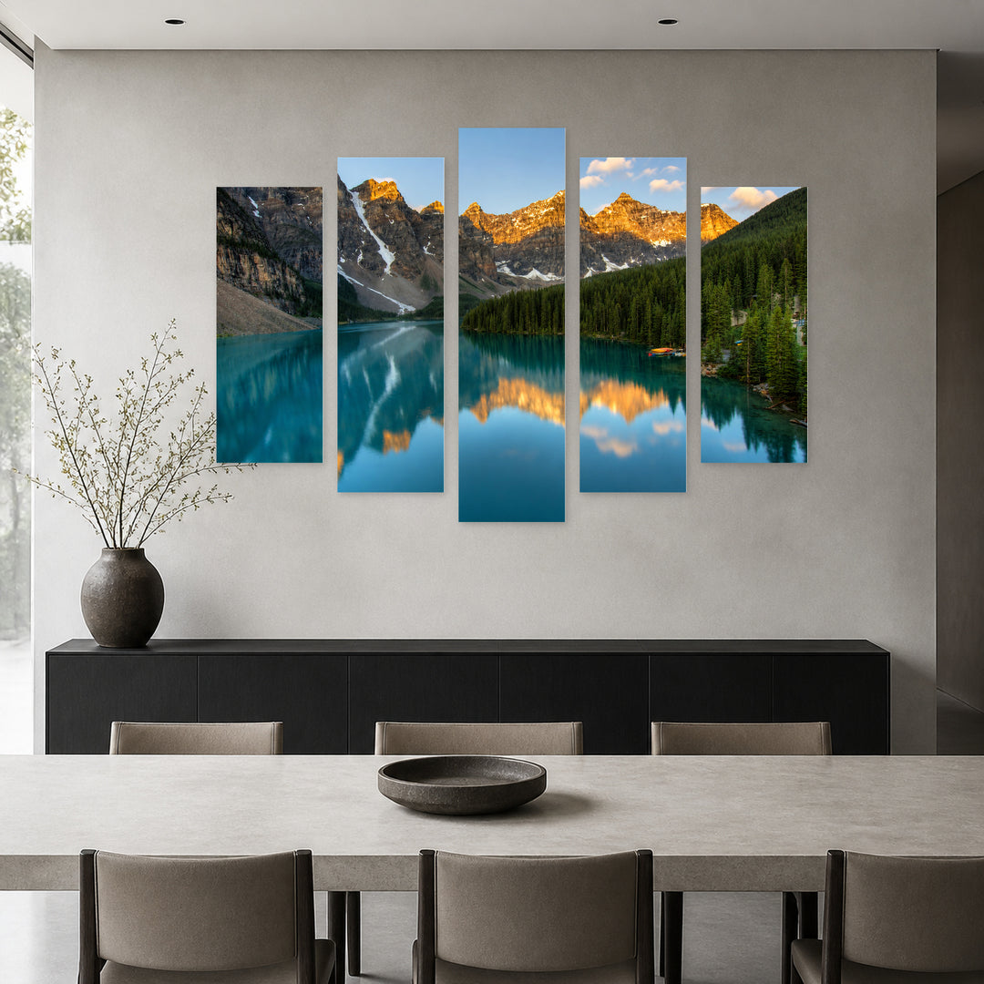 Moraine Lake in Blue and Gold — five-panel wall art in frontal interior | 5wallart 54076 M3