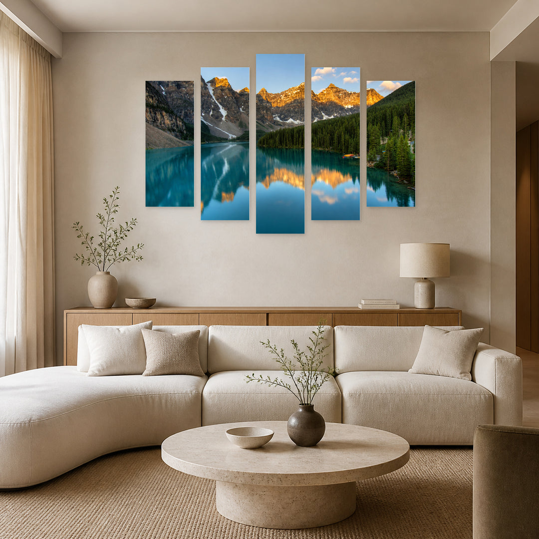 Moraine Lake in Blue and Gold — five-panel wall art in alternate frontal interior | 5wallart 54076 M4