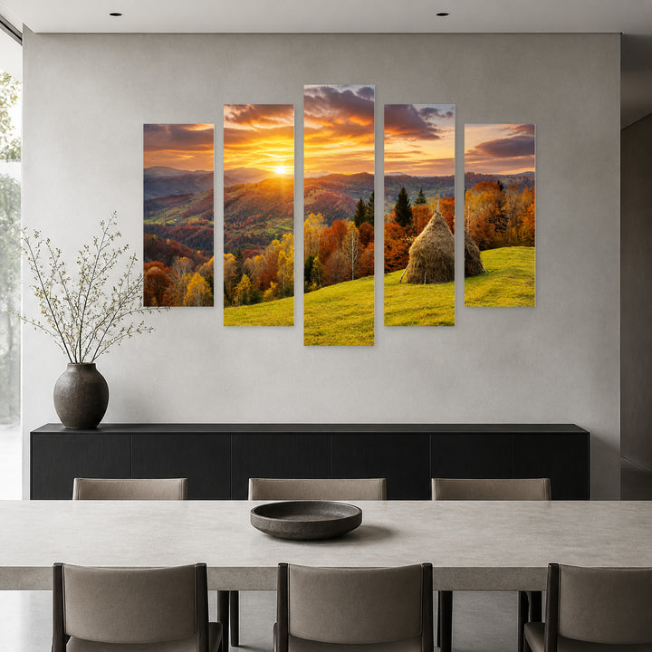 Autumn in the Mountains in Serene Light — five-panel wall art in alternate frontal interior | 5wallart 54077 M4