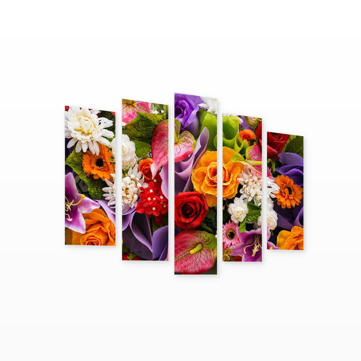 Colorful Flowers with Dramatic Contrast — five-panel wall art on white background in perspective | 5wallart 54078 M1