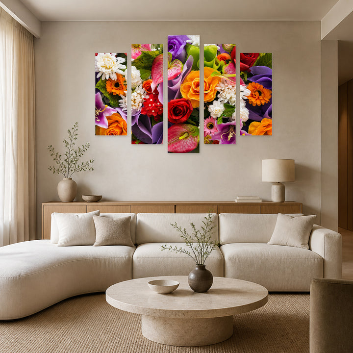 Colorful Flowers with Dramatic Contrast — five-panel wall art in alternate frontal interior | 5wallart 54078 M4