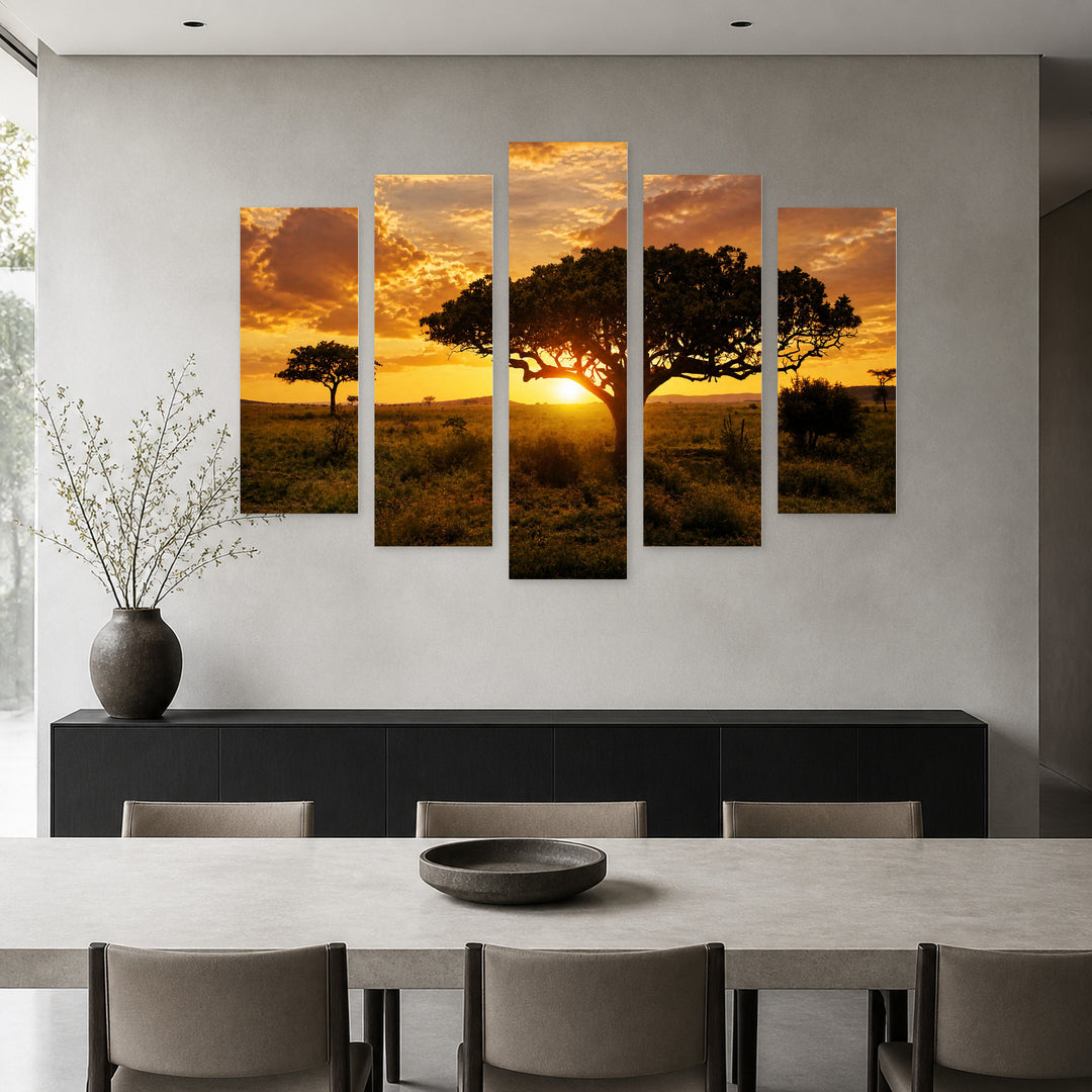 Sunset in Africa in Serene Light — five-panel wall art in frontal interior | 5wallart 54080 M3